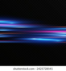 Neon lines moving light effect. Horizontal lines. Speed ​​effect on a transparent background. Lines of light, speed and movement. blue and red.	