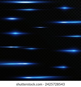 Efecto de luz en movimiento de líneas de neón. Líneas horizontales. Efecto de velocidad sobre un fondo transparente. Líneas de luz, velocidad y movimiento. azul y rojo.	
