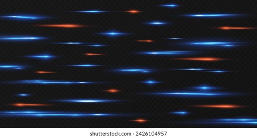 Neonlinien bewegen Lichteffekt. Horizontale Linien. Geschwindigkeit ​​Effekt auf einem transparenten Hintergrund. Linien von Licht, Geschwindigkeit und Bewegung. Blau und Rot.	