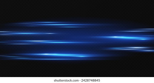 Neon lines moving light effect. Horizontal lines. Speed ​​effect on a transparent background. Lines of light, speed and movement. blue and red.	