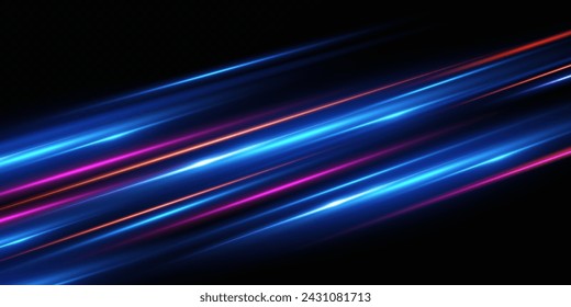 Neon lines moving light effect. Horizontal lines. Speed ​​effect on a transparent background. Lines of light, speed and movement. 