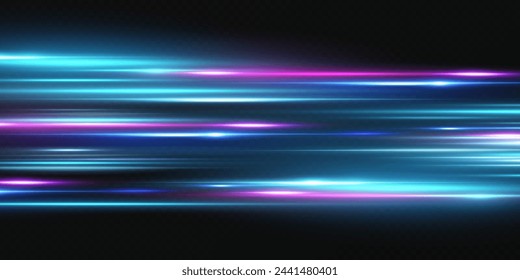 Neon lines moving light effect. Horizontal lines. Speed ​​effect on a transparent background. Lines of light, speed and movement. 