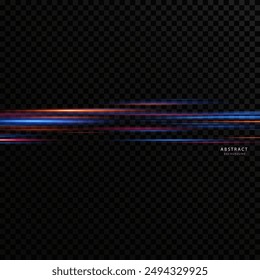 Neon lines moving light effect. Horizontal lines. Speed ​​effect on a transparent background. Lines of light, speed and movement	