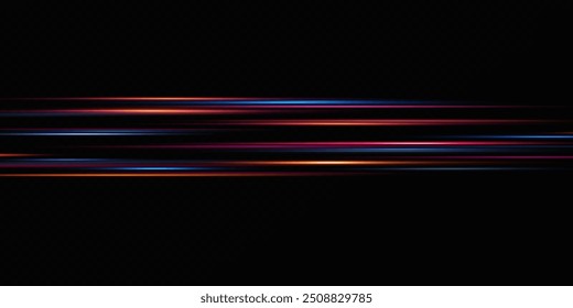 Efeito de linhas de néon movendo-se à luz. Linhas horizontais. Velocidade ​ ​efeito em um fundo transparente. Linhas de luz, velocidade e movimento	