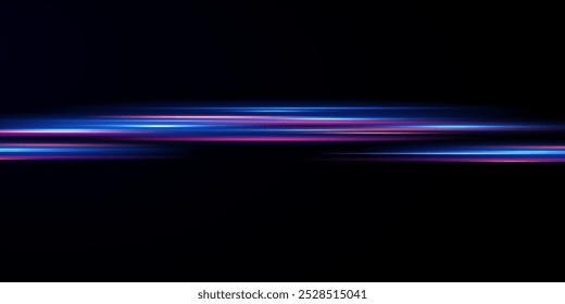 Neon lines moving light effect. Horizontal lines. Speed ​​effect on a transparent background. Lines of light, speed and movement	
