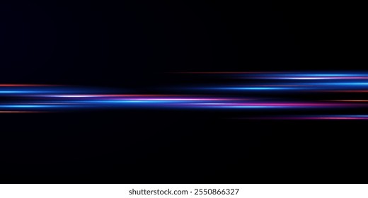 Neon lines moving light effect. Horizontal lines. Speed ​​effect on a transparent background.  