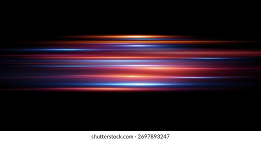 Efeito de linhas de néon movendo-se à luz. Linhas horizontais. Velocidade ​ ​efeito em um fundo transparente. Linhas de luz, velocidade e movimento	