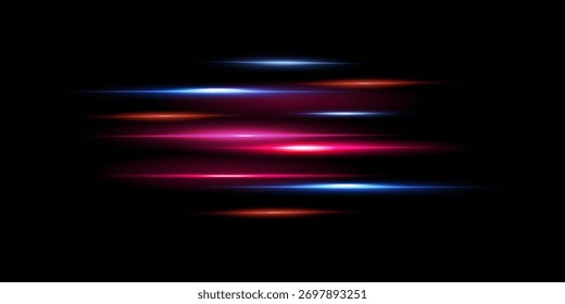 Neonlinien, die den Lichteffekt verschieben. Horizontale Linien. ​​ auf transparentem Hintergrund. Lichtlinien, Geschwindigkeit und Bewegung	