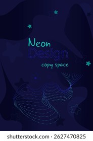 Neon lines on dark vertical background. A4 size layout copy space. Abstract volumetric figure with dotted waves. Blue depth, stars, dark abstract spots