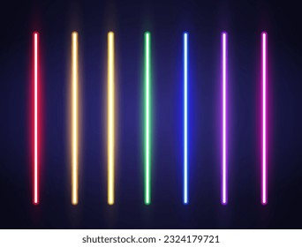 Neon lines set. Rainbow borders. Realistic led neon tube. Color laser beam. Bright design for party, game, web. Shining night signboard. Vertical lamp sign. Retro neon wall. Vector illustration.