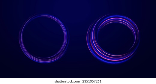 Neon lines of speed and fast wind. Neon swirl, spiral. Mystical speed stripes, glitter effect. Energy flow tunnel. Shine of cosmic rays. Light blue and purple twirl. Magic circle vector.