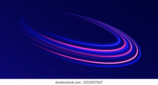 Neon lines of speed and fast wind. Neon swirl, spiral. Mystical speed stripes, glitter effect. Energy flow tunnel. Shine of cosmic rays. Light blue and purple twirl. Magic circle vector.
