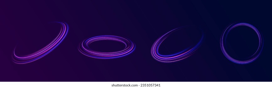 Neon lines of speed and fast wind. Neon swirl, spiral. Mystical speed stripes, glitter effect. Energy flow tunnel. Shine of cosmic rays. Light blue and purple twirl. Magic circle vector.