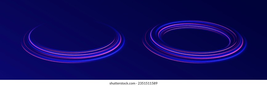 Neon lines of speed and fast wind. Neon swirl, spiral. Mystical speed stripes, glitter effect. Energy flow tunnel. Shine of cosmic rays. Light blue and purple twirl. Magic circle vector.