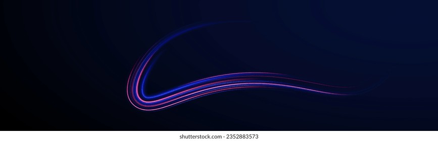 Neon lines of speed and fast wind. Neon swirl, spiral. Mystical speed stripes, glitter effect. Energy flow tunnel. Shine of cosmic rays. Light blue and purple twirl. Magic circle vector.