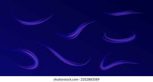 Neon lines of speed and fast wind. Neon swirl, spiral. Mystical speed stripes, glitter effect. Energy flow tunnel. Shine of cosmic rays. Light blue and purple twirl. Magic circle vector.
