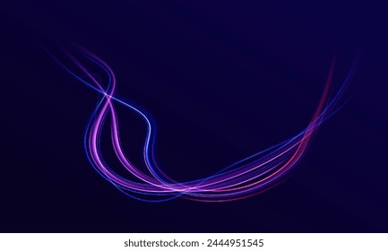 Neon lines of speed and fast wind. semicircular wave, light trail curve swirl, car headlights, incandescent optical fiber. cyber futuristic divider border, purple and blue laser beam isolated.