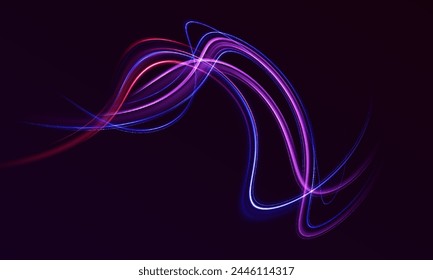 Neon lines of speed and fast wind. semicircular wave, light trail curve swirl, car headlights, incandescent optical fiber. cyber futuristic divider border, purple and blue laser beam isolated.	
