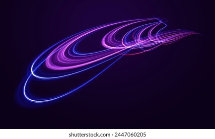 Neon lines of speed and fast wind. semicircular wave, light trail curve swirl, car headlights, incandescent optical fiber. cyber futuristic divider border, purple and blue laser beam isolated.	
