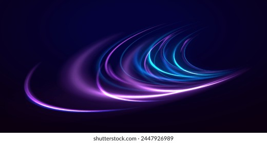 Neon lines of speed and fast wind. semicircular wave, light trail curve swirl, car headlights, incandescent optical fiber. cyber futuristic divider border, purple and blue laser beam isolated.	
