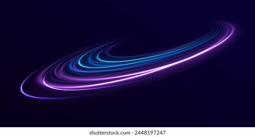 Neonlinien von Geschwindigkeit und schnellem Wind. Halbkreiswelle, Lichtspurkurvenwirbel, Autoscheinwerfer, glühende Glasfaser. Cyber-futuristische Trennlinie, violetter und blauer Laserstrahl isoliert.	
