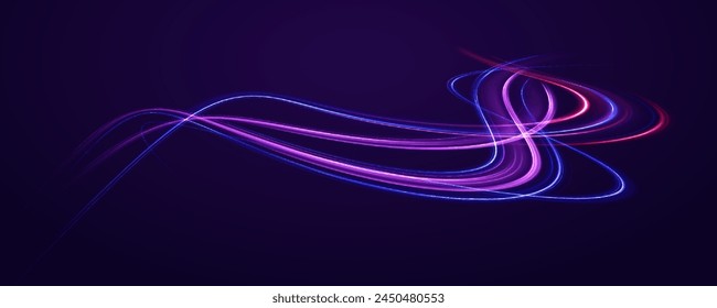 Neon lines of speed and fast wind. semicircular wave, light trail curve swirl, car headlights, incandescent optical fiber. cyber futuristic divider border, purple and blue laser beam isolated.	
