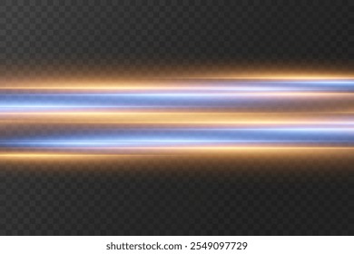 Neon lines of speed and movement of horizontal rays. On a transparent background.