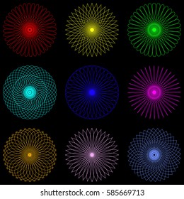 Neon lines Spirograph and water marks. Patterns for certificates.