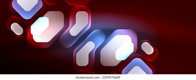 Neon lines, squares and round shapes abstract background. Techno glowing neon hexagon shapes vector illustration for wallpaper, banner, background, landing page, wall art, invitation, prints, posters