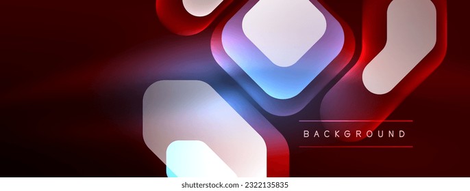 Líneas de neón, cuadrados y formas redondeadas abstractas de fondo. Tecno hexágono de neón brillante formas de ilustración vectorial para papel tapiz, banner, fondo, página de aterrizaje, arte mural, invitación, impresiones, carteles