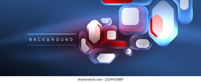 Neon lines, squares and round shapes abstract background. Techno glowing neon hexagon shapes vector illustration for wallpaper, banner, background, landing page, wall art, invitation, prints, posters