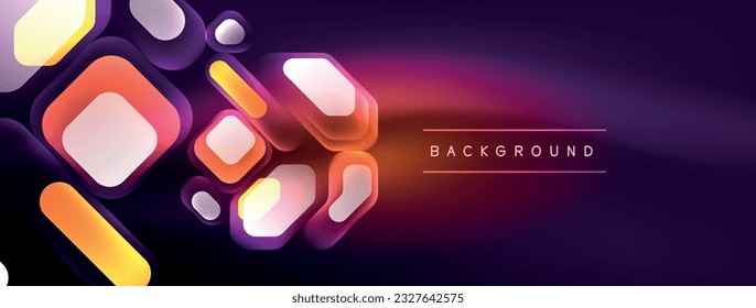 Neon lines, squares and round shapes abstract background. Techno glowing neon hexagon shapes vector illustration for wallpaper, banner, background, landing page, wall art, invitation, prints, posters