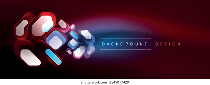 Líneas de neón, cuadrados y formas redondeadas abstractas de fondo. Tecno hexágono de neón brillante formas de ilustración vectorial para papel tapiz, banner, fondo, página de aterrizaje, arte mural, invitación, impresiones, carteles