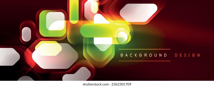 Líneas de neón, cuadrados y formas redondeadas abstractas de fondo. Tecno hexágono de neón brillante formas de ilustración vectorial para papel tapiz, banner, fondo, página de aterrizaje, arte mural, invitación, impresiones, carteles
