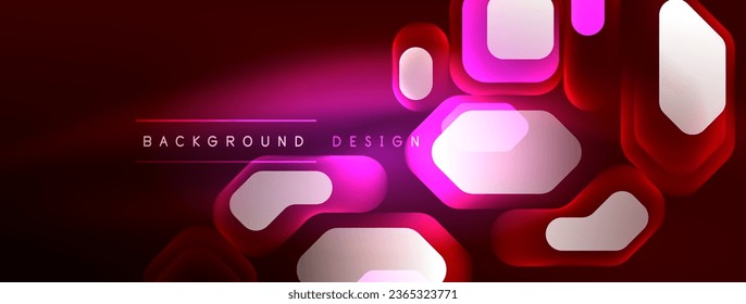 Líneas de neón, cuadrados y formas redondeadas abstractas de fondo. Tecno hexágono de neón brillante formas de ilustración vectorial para papel tapiz, banner, fondo, página de aterrizaje, arte mural, invitación, impresiones, carteles