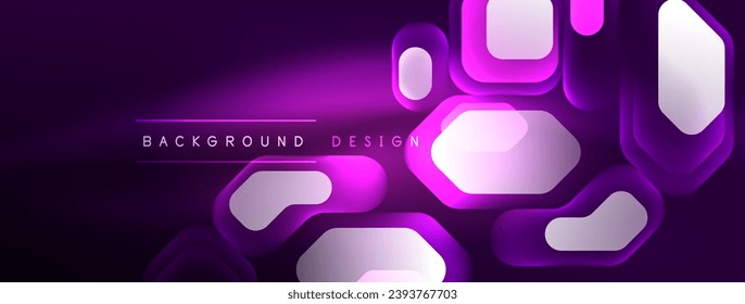 Neon lines, squares and round shapes abstract background. Techno glowing neon hexagon shapes vector illustration for wallpaper, banner, background, landing page, wall art, invitation, prints, posters