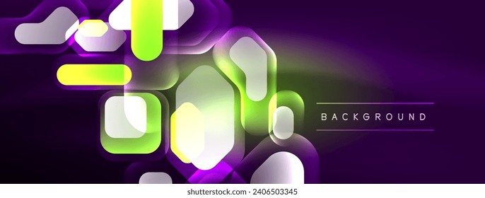 Neon lines, squares and round shapes abstract background. Techno glowing neon hexagon shapes vector illustration for wallpaper, banner, background, landing page, wall art, invitation, prints, posters