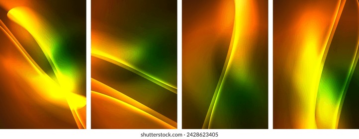 Neon Lines Waves. Abstract Background Poster Collection. Captivating array of vibrant designs, pulsating with dynamic energy against a dark backdrop. Explore the mesmerizing allure of neon waves
