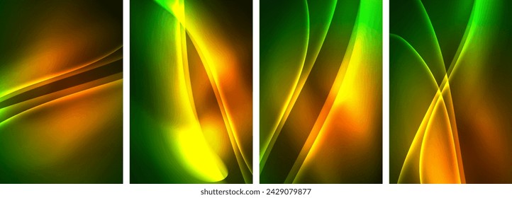 Neon Lines Waves. Abstract Background Poster Collection. Captivating array of vibrant designs, pulsating with dynamic energy against a dark backdrop. Explore the mesmerizing allure of neon waves