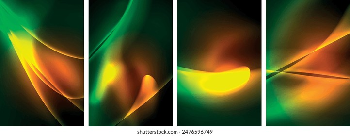 Neon Lines Waves. Abstract Background Poster Collection. Captivating array of vibrant designs, pulsating with dynamic energy against a dark backdrop. Explore the mesmerizing allure of neon waves