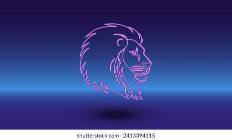 Neon lion head symbol on a gradient blue background. The isolated symbol is located in the bottom center. Gradient blue with light blue skyline