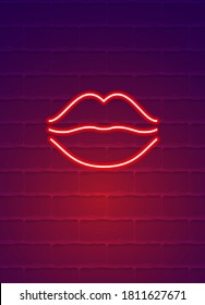 Neonlippen leuchteten an der Wand. Rote sexy Lippen Symbol auf dunklem Hintergrund. Vektorgrafik.