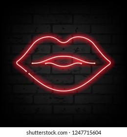 Neon lips on brick wall vector illustration. Passion kiss symbol.