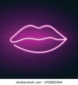 Neon lips on brick wall background. Pink lips vector illustration. Lip shaped neon light.