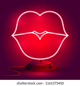 Neon lips sign. Design element for Happy Valentine's Day.  Vector illustration.