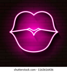 Neon lips sign. Design element for Happy Valentine's Day. Ready for your design, greeting card, banner. Vector illustration.