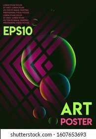 Neon liquid bubble sphere color glowing cover vector art poster. Futuristic fluid paint template. Abstract neon glitch background on black.