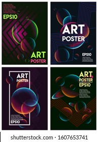 Neon liquid bubble sphere color glowing cover vector set, art poster. Futuristic fluid paint template. Abstract neon glitch background on black.