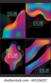 Neon liquid color splash cover vector set. Futuristic fluid paint template. Abstract neon background on black.