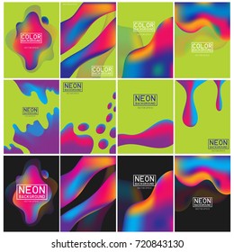 Neon liquid color splash cover vector set. Futuristic fluid paint template. Abstract neon background on black.